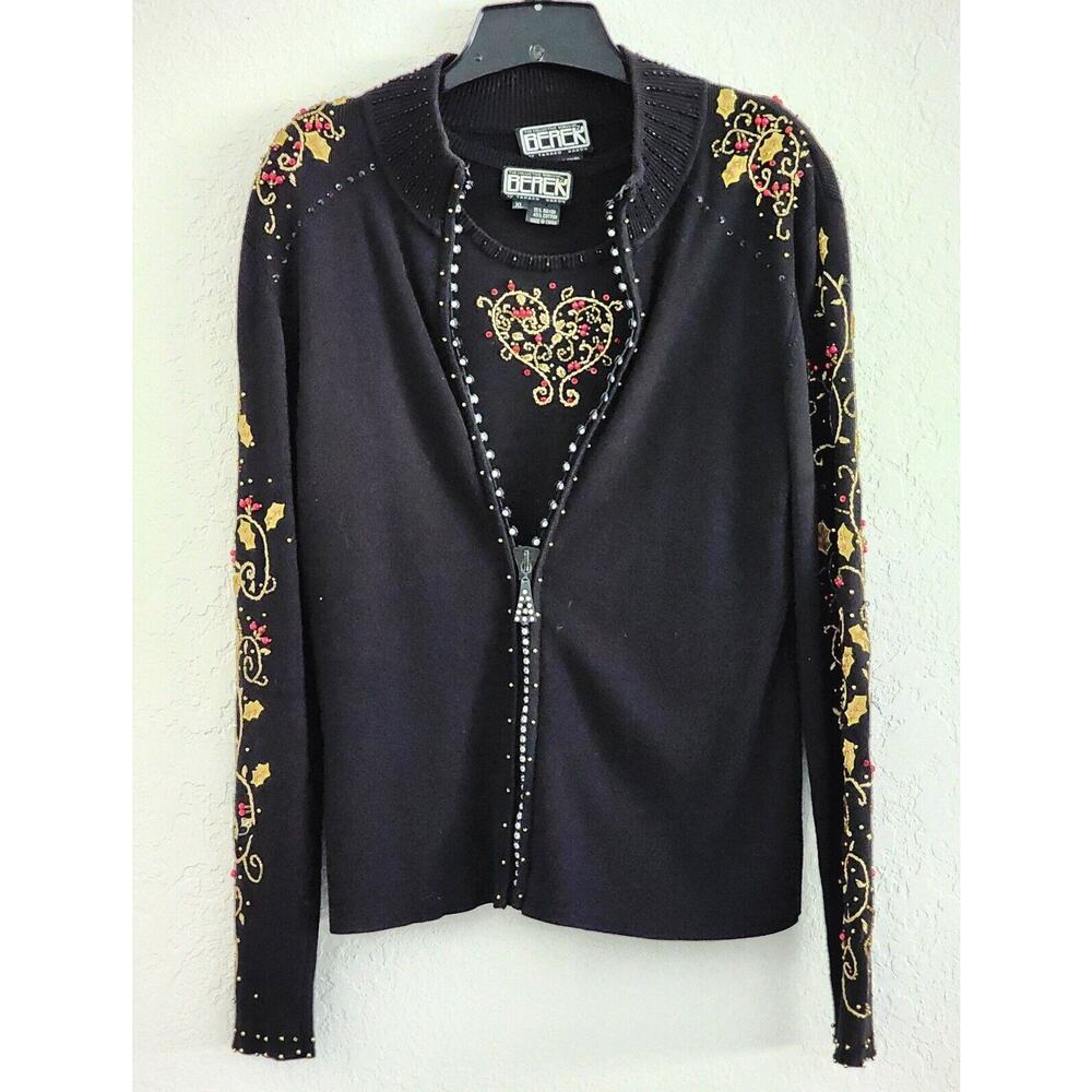 Vintage Berek 2 Pc Sweater Set XL Black Beaded Embellished Cardigan Shell Top